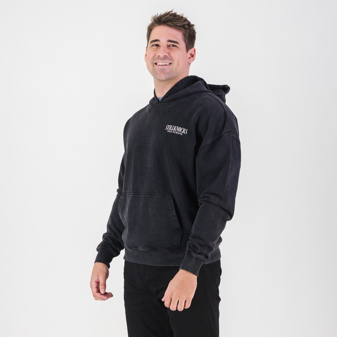 Stillknocks Acid Wash Hoodie: Vintage Black Heavyweight French Terry Sweatshirt