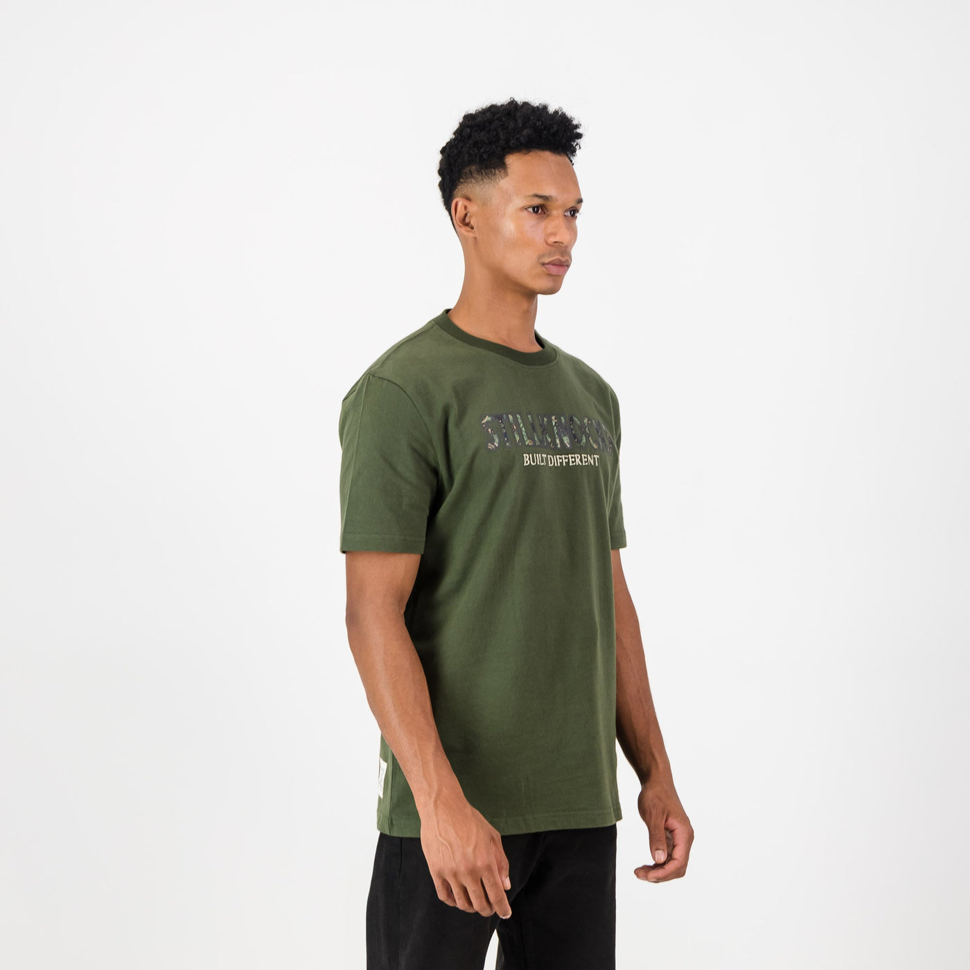 Stillknocks Built Different Crew Tee Military Olive Sueded Cotton Legends Fight Pack