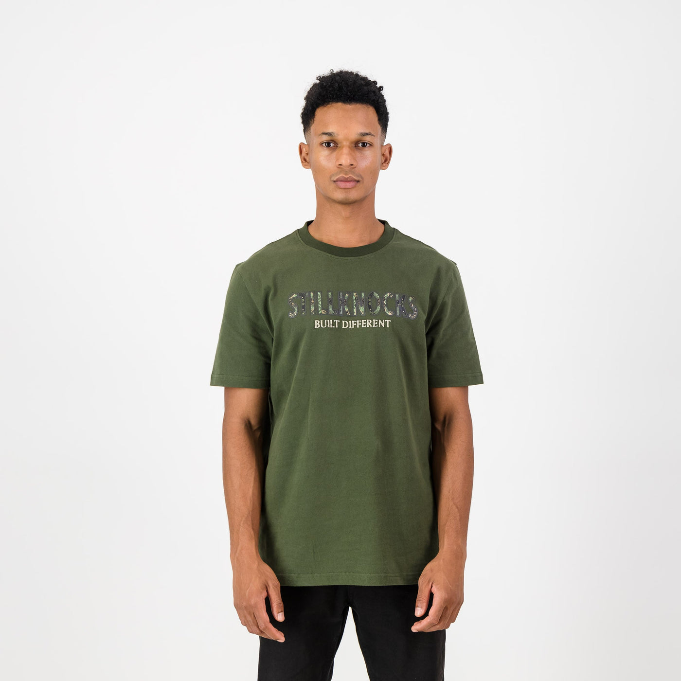 Stillknocks Built Different Crew Tee Military Olive Sueded Cotton Legends Fight Pack