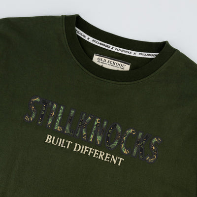 Stillknocks Built Different Crew Tee Military Olive Sueded Cotton Legends Fight Pack