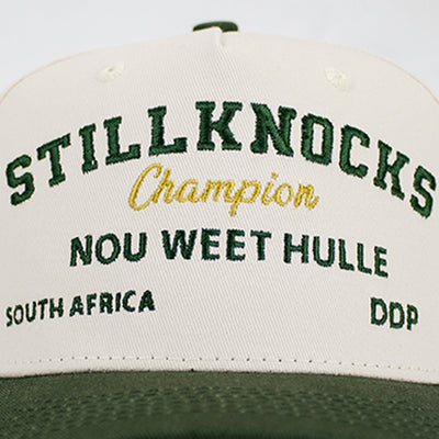 Stillknocks Champions Two-Tone Trucker Cap: Premium Ivory Green Cotton Twill, Embroidered