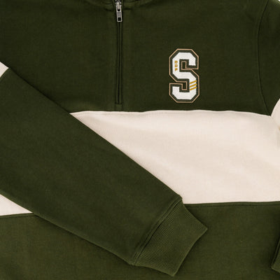 Stillknocks Quarter Zip Sweatshirt: Heavyweight Cotton, Military Olive & Ivory