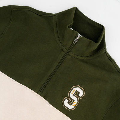 Stillknocks Quarter Zip Sweatshirt: Heavyweight Cotton, Military Olive & Ivory