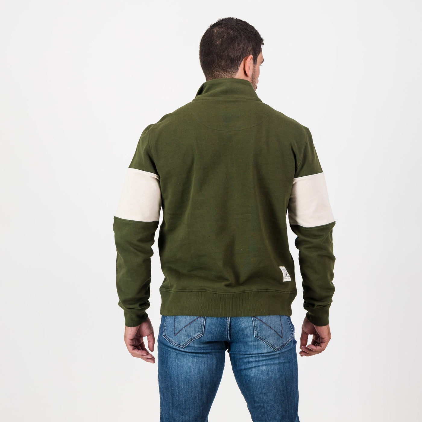 Stillknocks Quarter Zip Sweatshirt: Heavyweight Cotton, Military Olive & Ivory