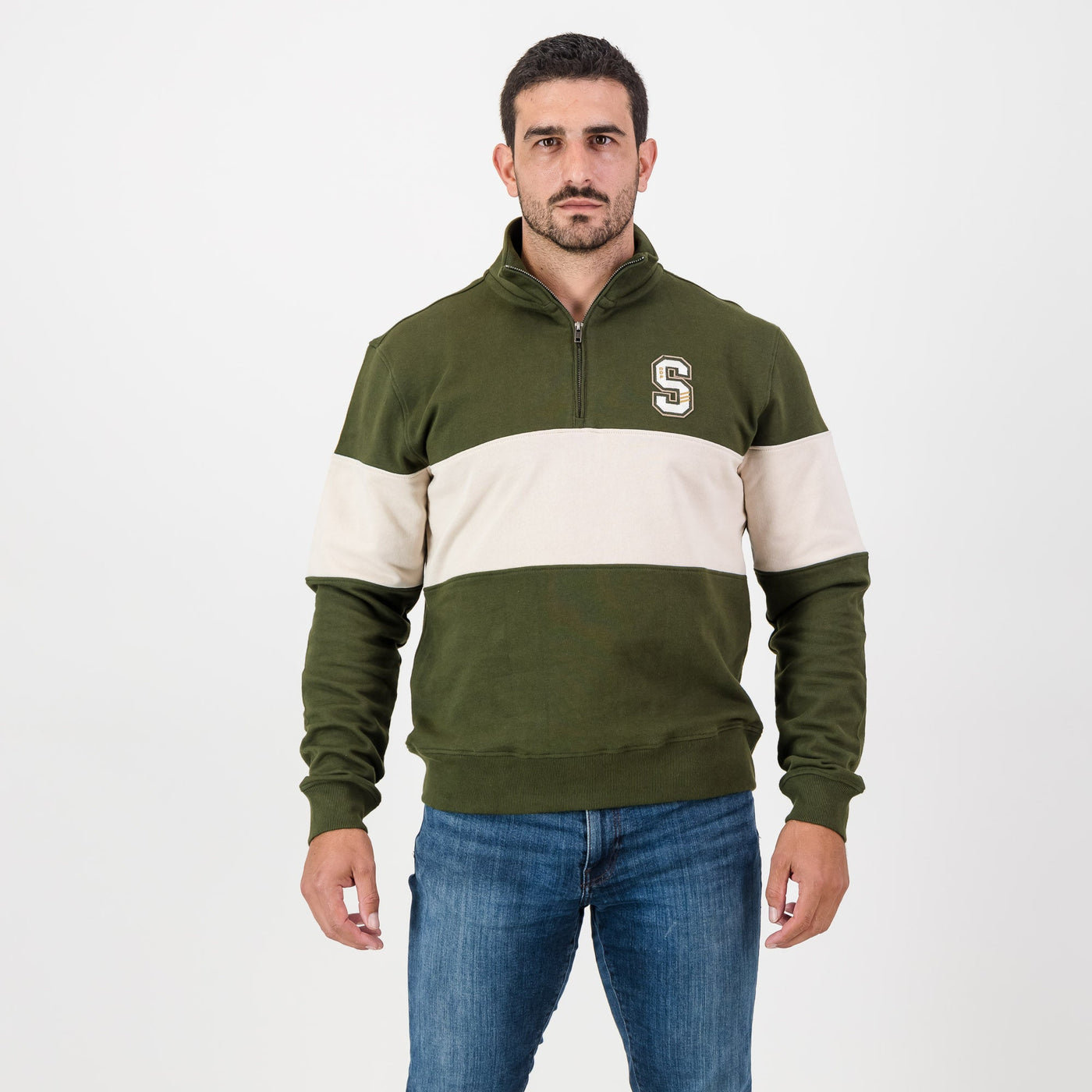 Stillknocks Quarter Zip Sweatshirt: Heavyweight Cotton, Military Olive & Ivory