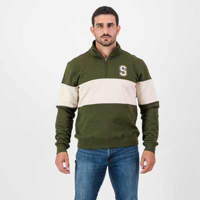 Stillknocks Quarter Zip Sweatshirt: Heavyweight Cotton, Military Olive & Ivory