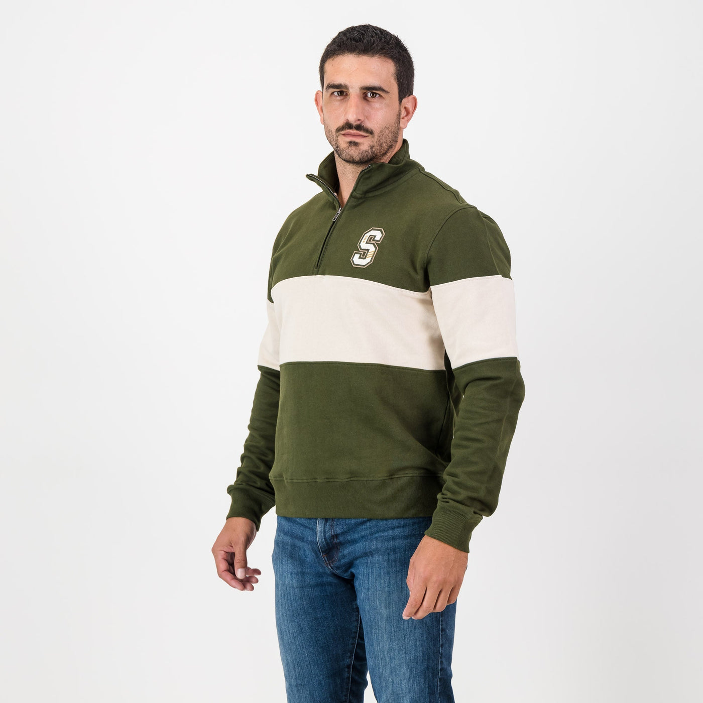 Stillknocks Quarter Zip Sweatshirt: Heavyweight Cotton, Military Olive & Ivory