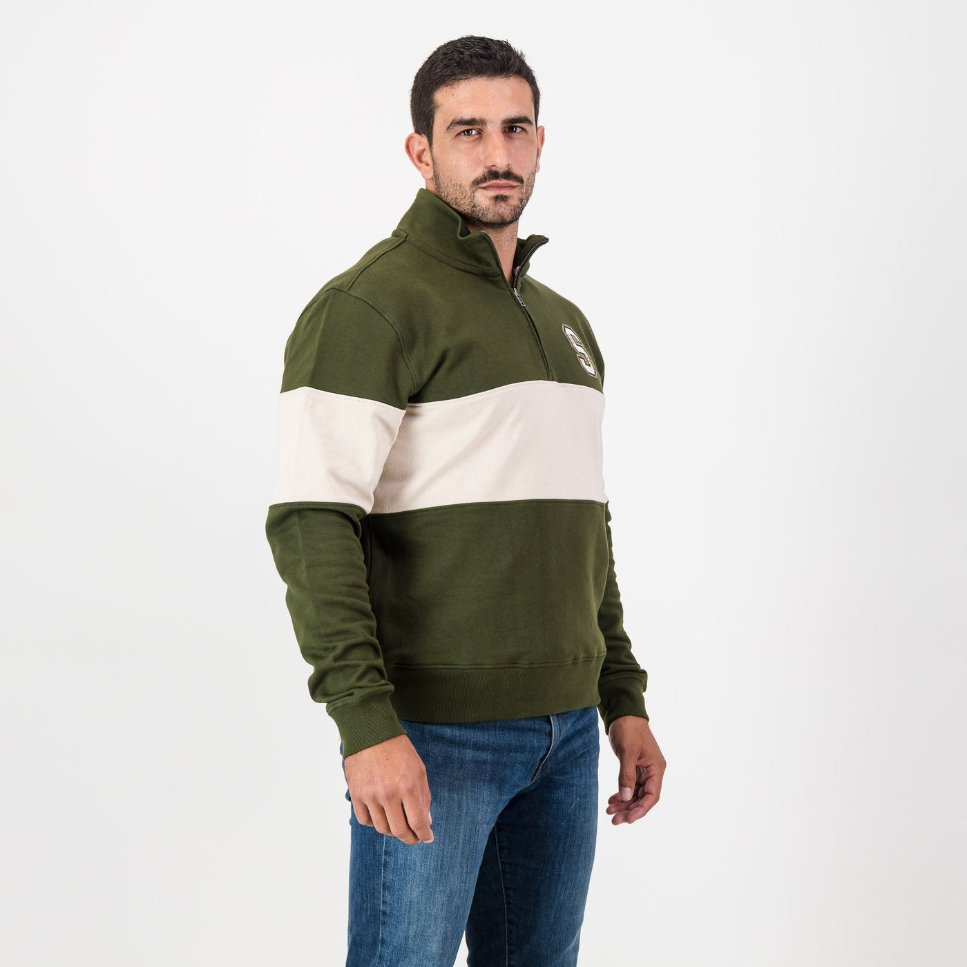 Stillknocks Quarter Zip Sweatshirt: Heavyweight Cotton, Military Olive & Ivory
