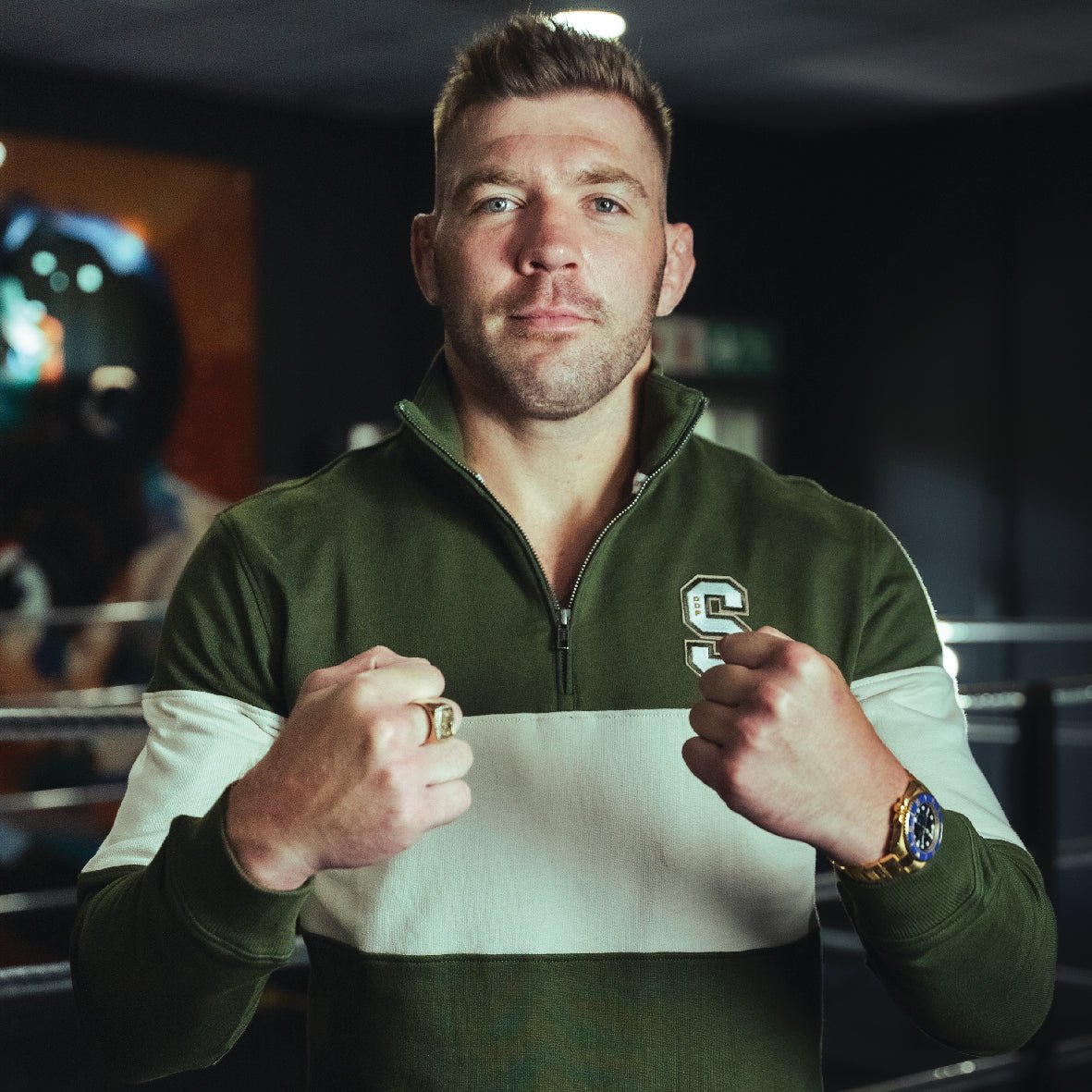 Stillknocks Quarter Zip Sweatshirt: Heavyweight Cotton, Military Olive & Ivory