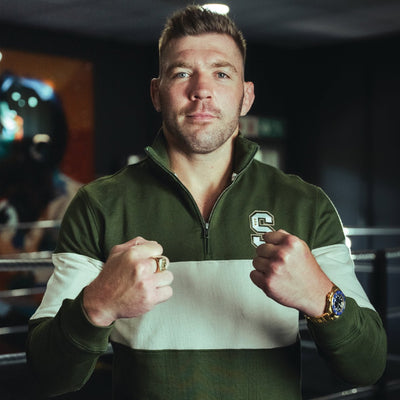 Stillknocks Quarter Zip Sweatshirt: Heavyweight Cotton, Military Olive & Ivory