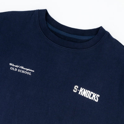 Stillknocks S-Knocks Boxy Crew Tee: Heavyweight Navy Cotton with Iconic Fighter Prints