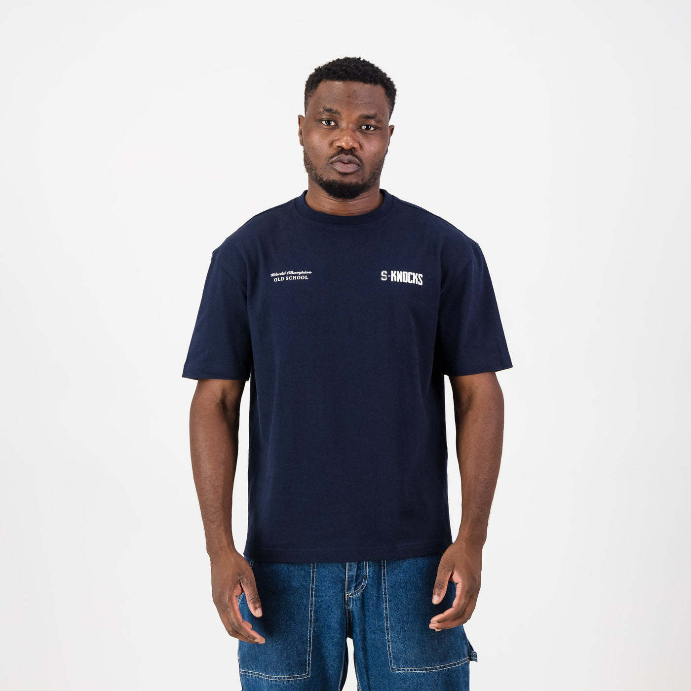 Stillknocks S-Knocks Boxy Crew Tee: Heavyweight Navy Cotton with Iconic Fighter Prints