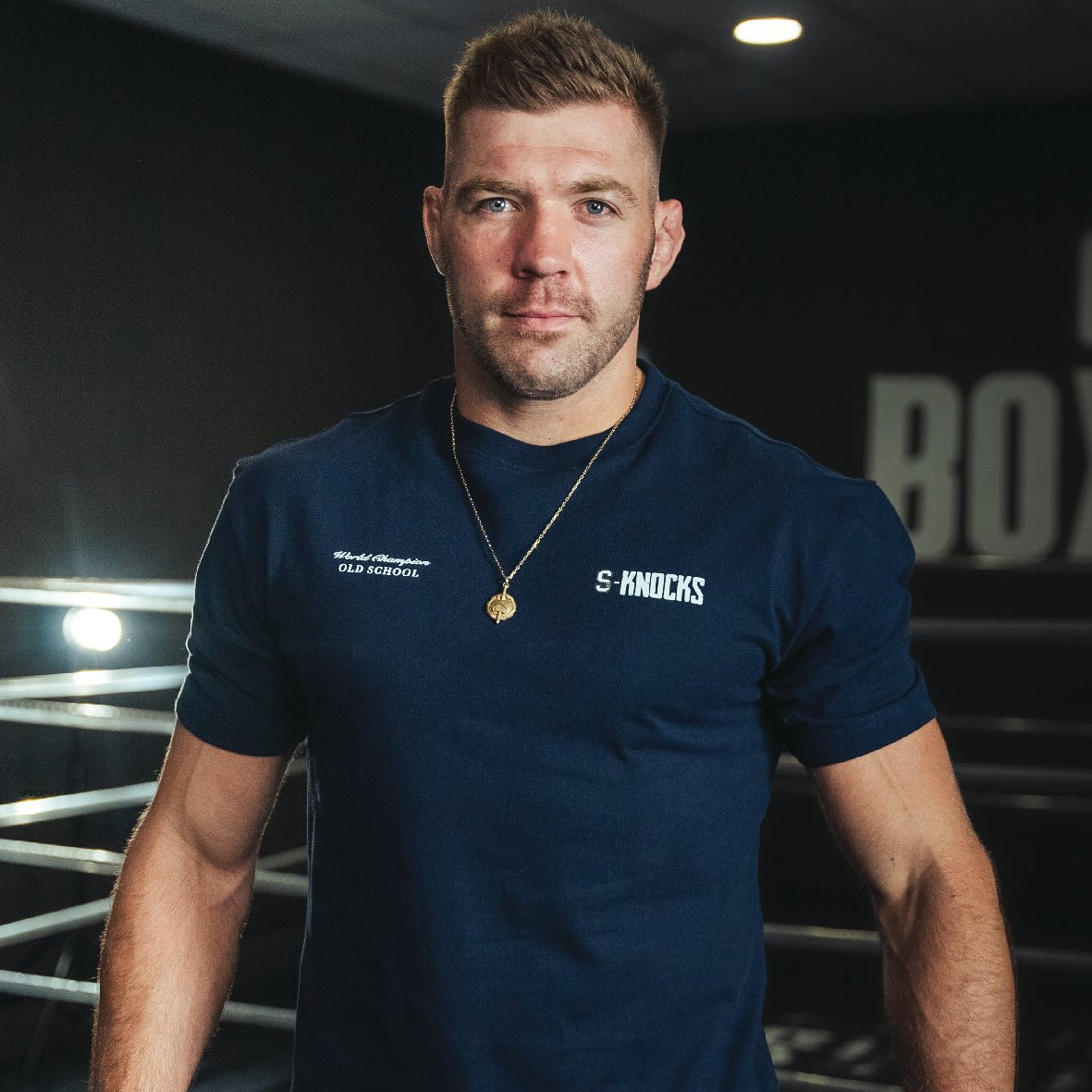 Stillknocks S-Knocks Boxy Crew Tee: Heavyweight Navy Cotton with Iconic Fighter Prints