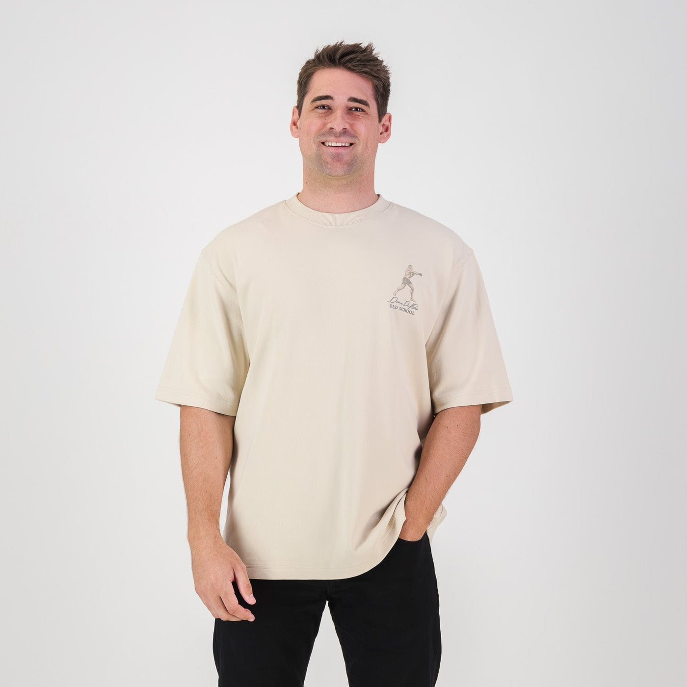 Stillknocks Ivory Boxy Tee: Soft Cotton, Relaxed Drop-Shoulder Fit, Tonal Logo