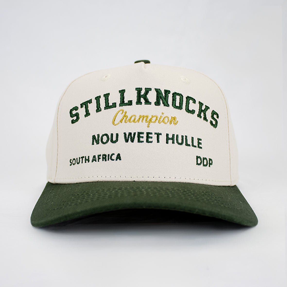 Stillknocks Champions Two-Tone Trucker Cap: Premium Ivory Green Cotton Twill, Embroidered